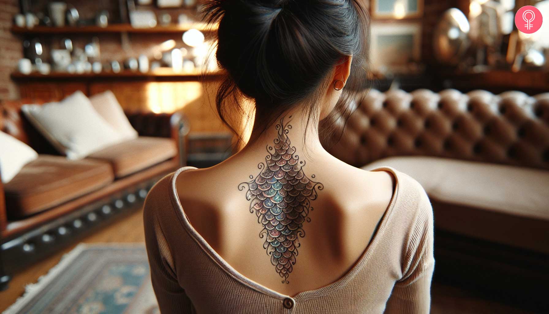 A feminine mermaid scales tattoo on a woman’s upper back