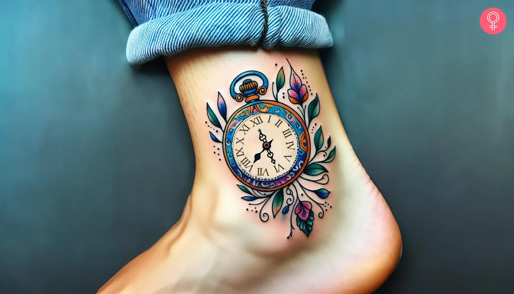 A feminine pocket watch tattoo etched on a woman’s ankle