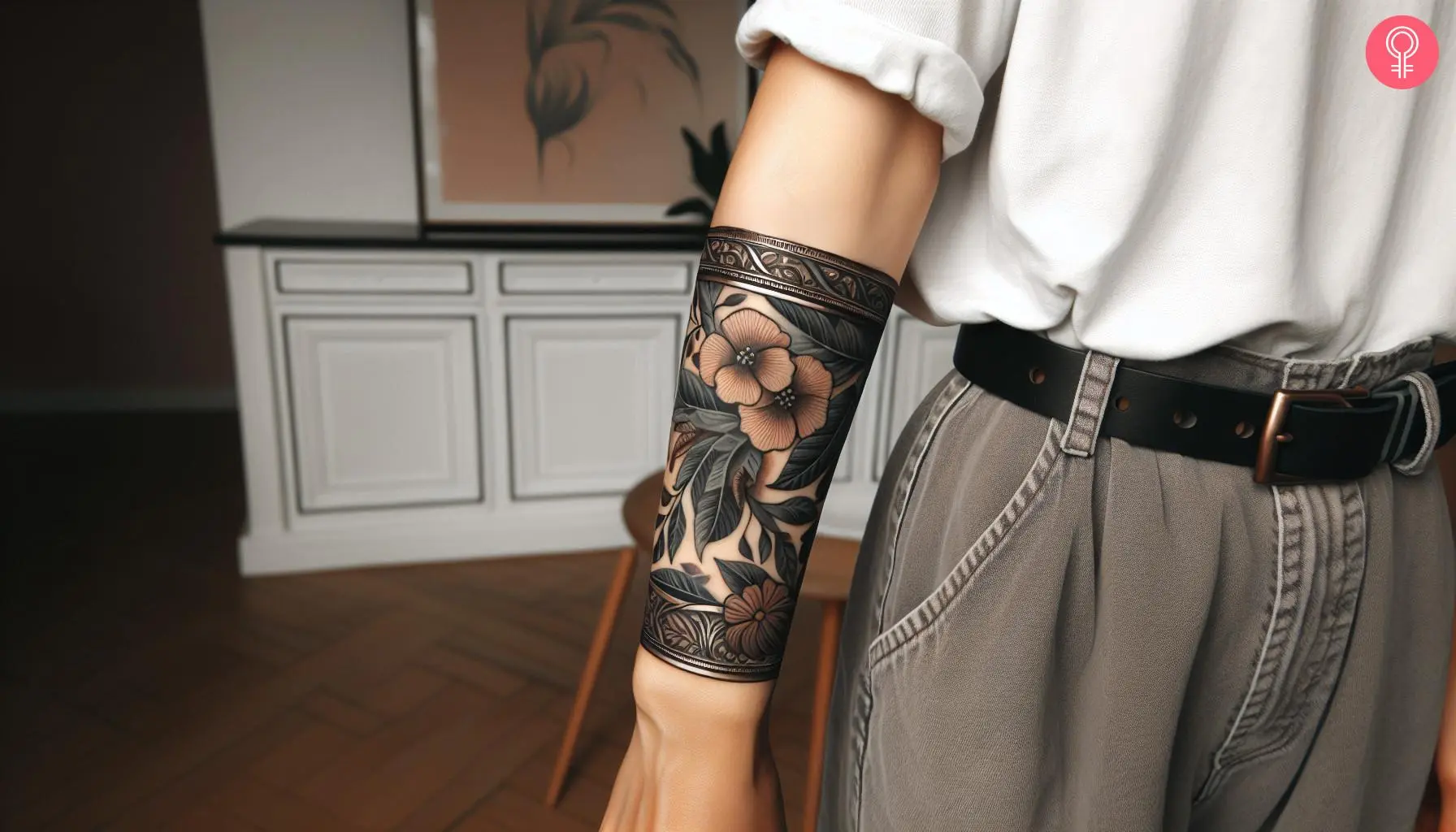 A feminine wrist cuff tattoo featuring beautiful floral motifs