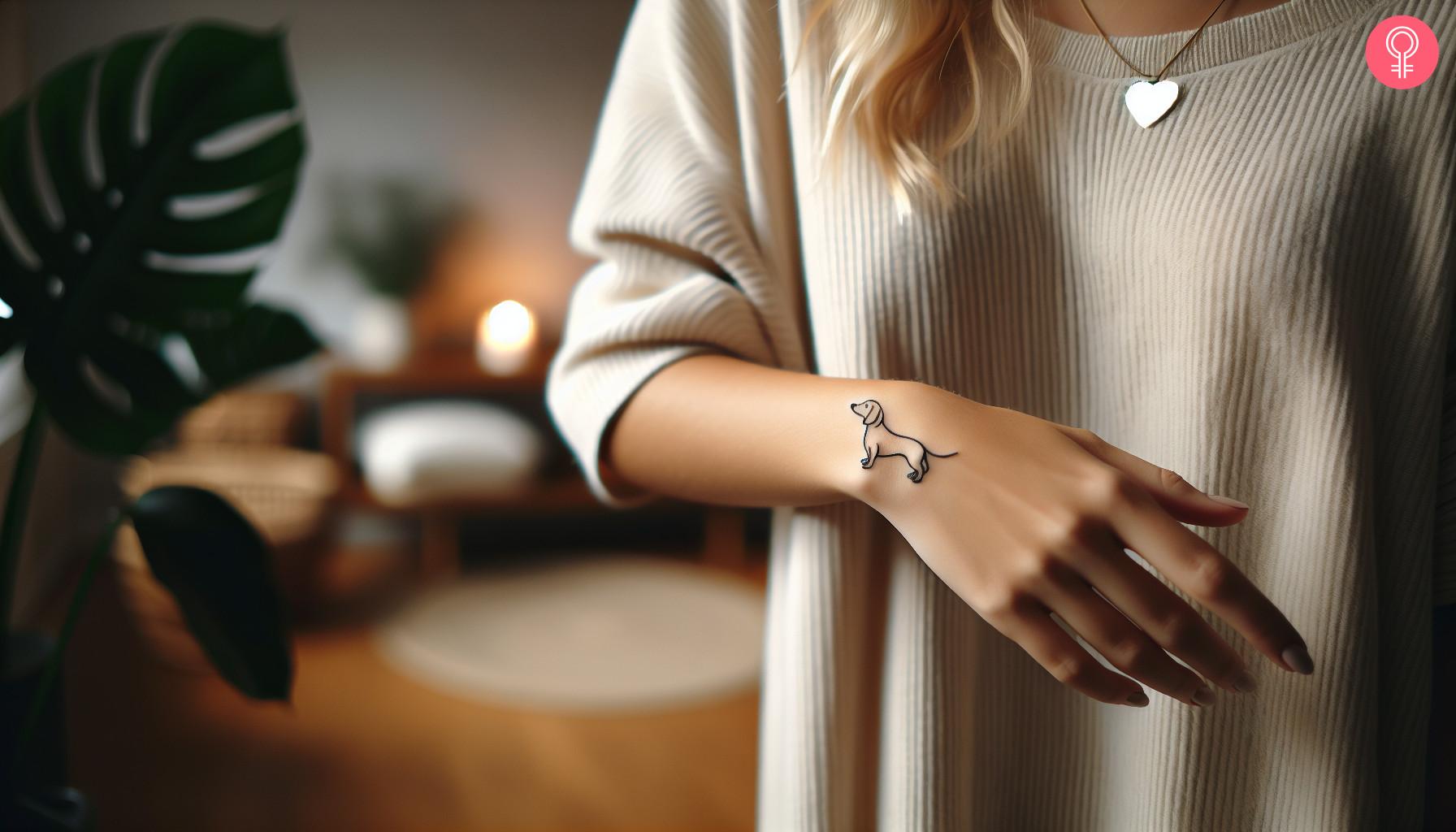 A fine line dachshund tattoo on the hand of a woman