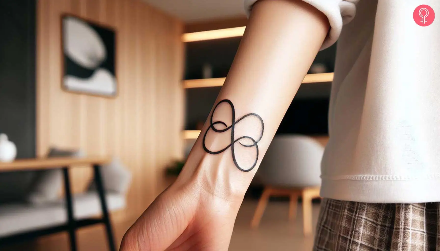 A fine line double infinity tattoo on the wrist