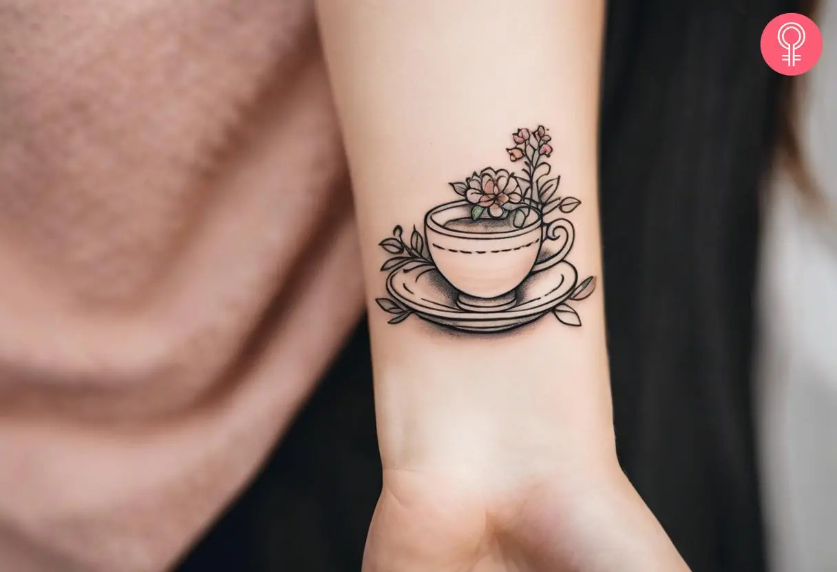 A fine line teacup tattoo on a woman’s wrist