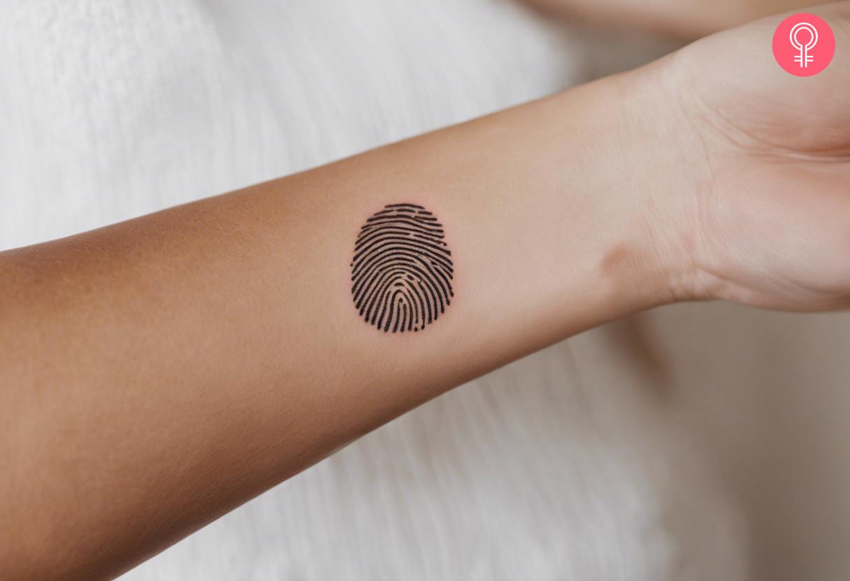 A fingerprint tattoo on a woman's wrist