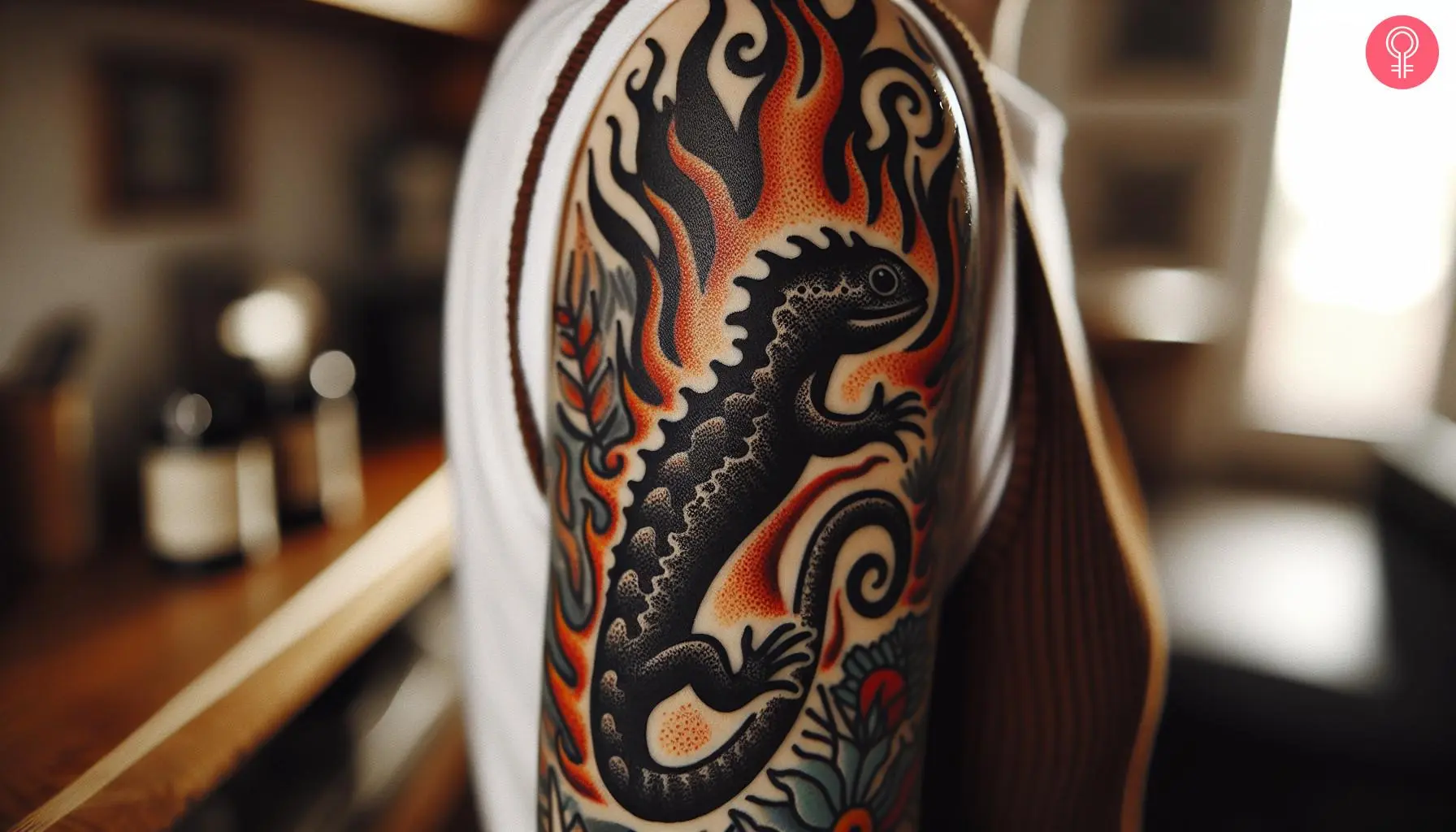 A fire salamander tattoo on the upper arm of a woman