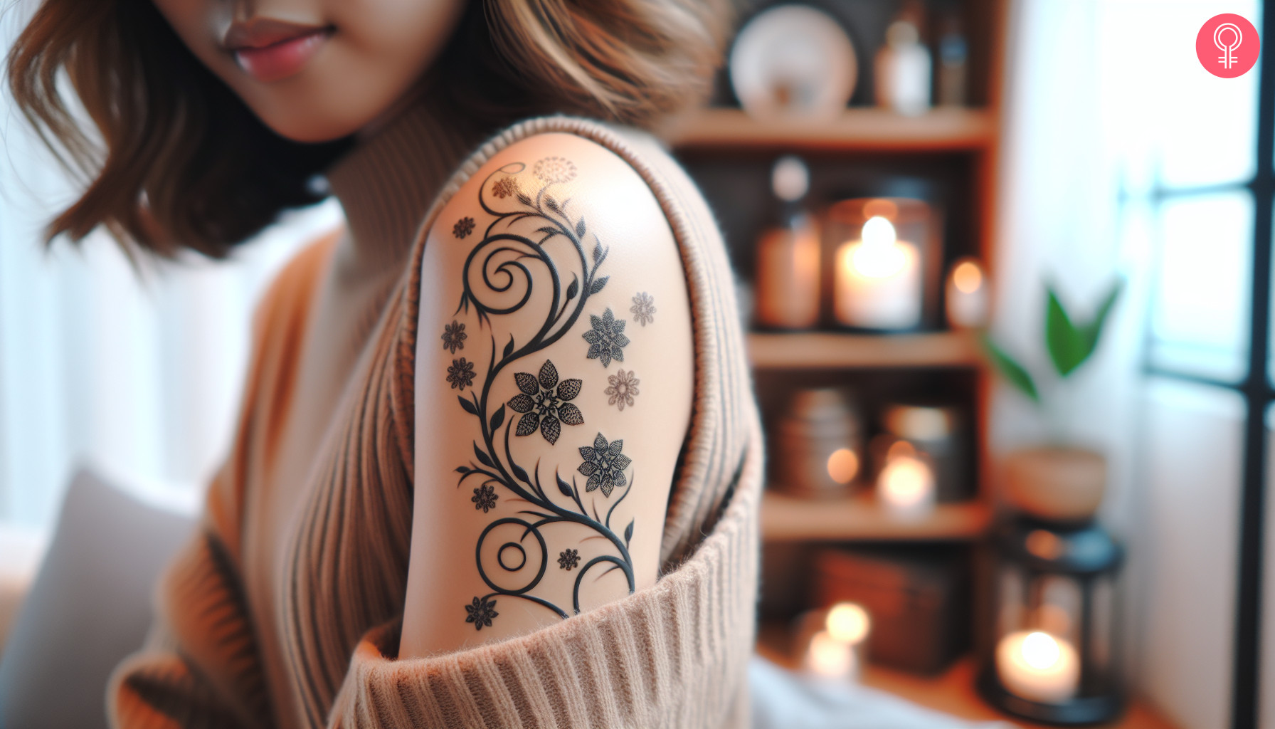 A flower swirl tattoo on the upper arm of a woman