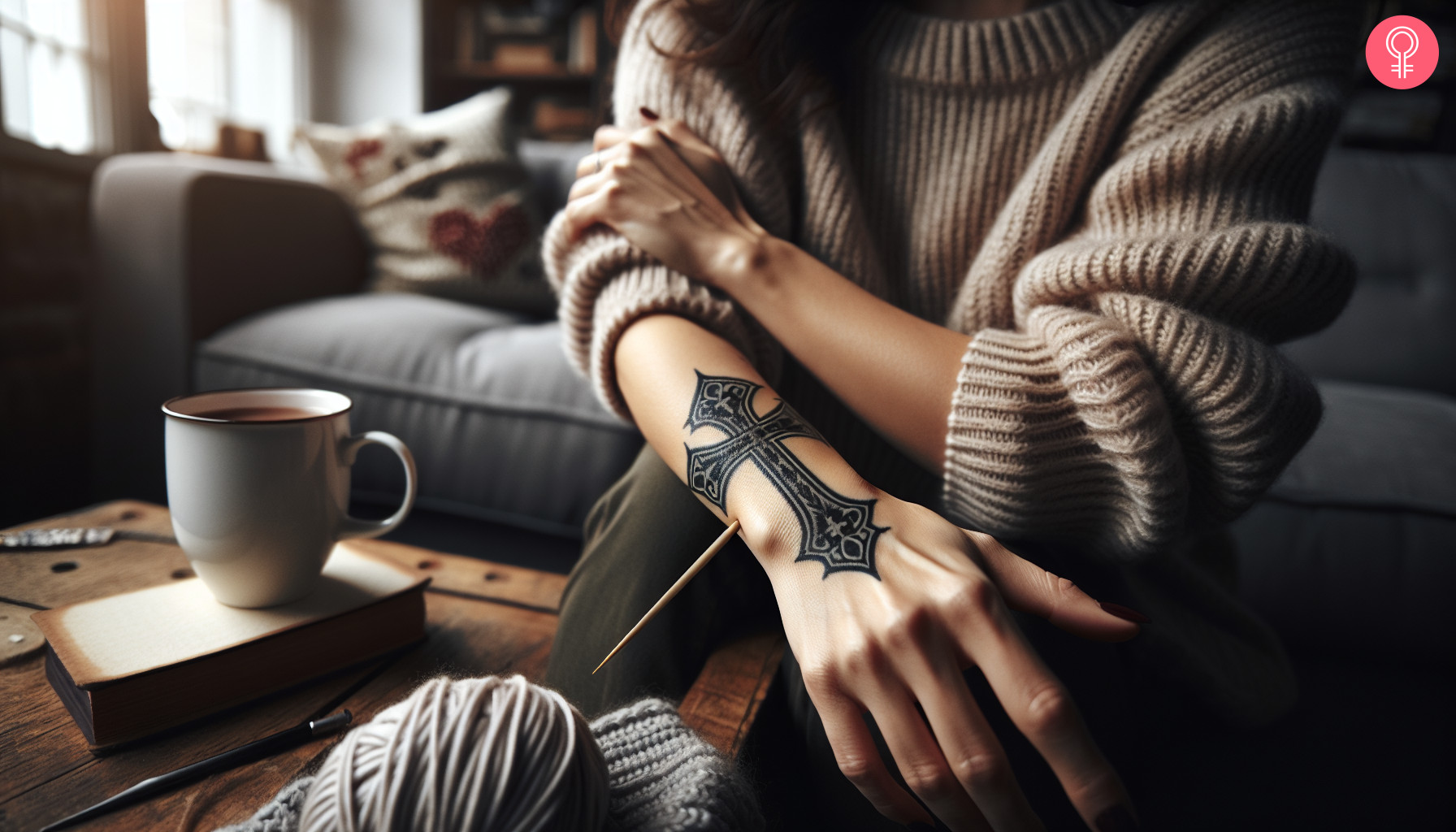 A forearm tattoo of a detailed black-and-grey cross