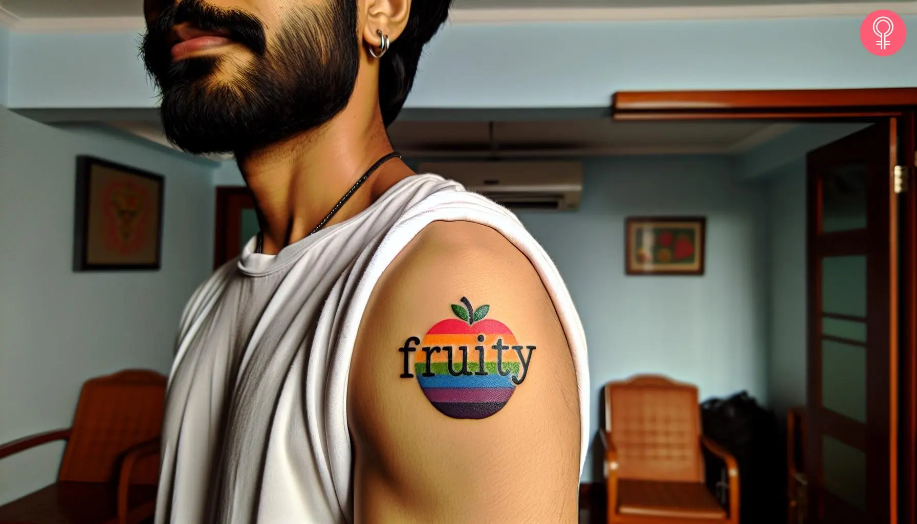 A fruity script tattoo over a colorful apple on the upper arm