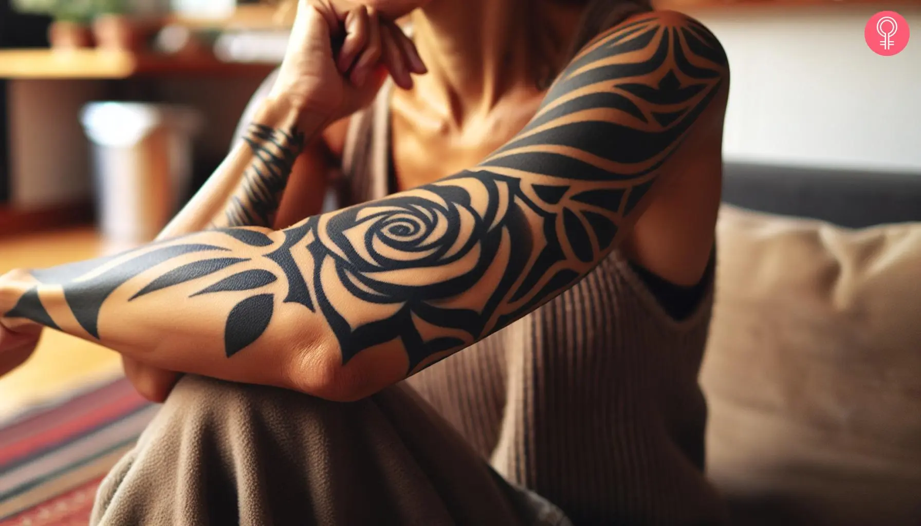 A full arm blackwork tattoo featuring a large rose on the arm of a woman