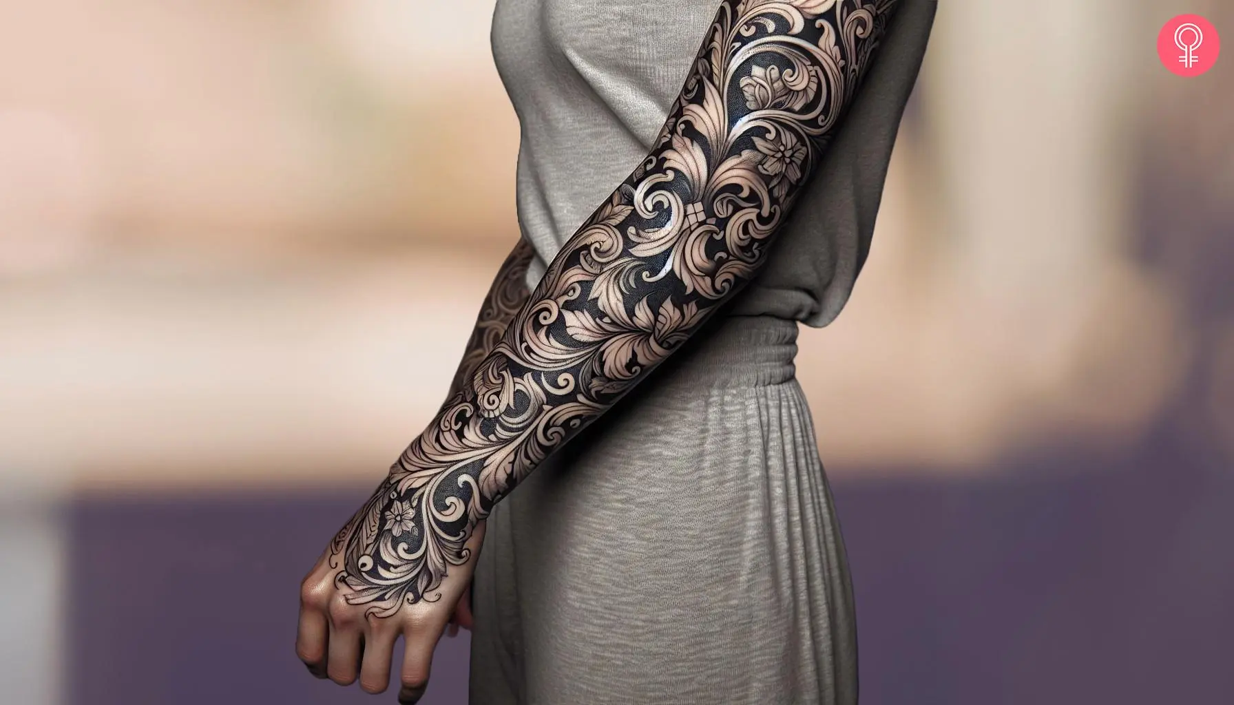 A full-sleeve baroque tattoo on the forearm