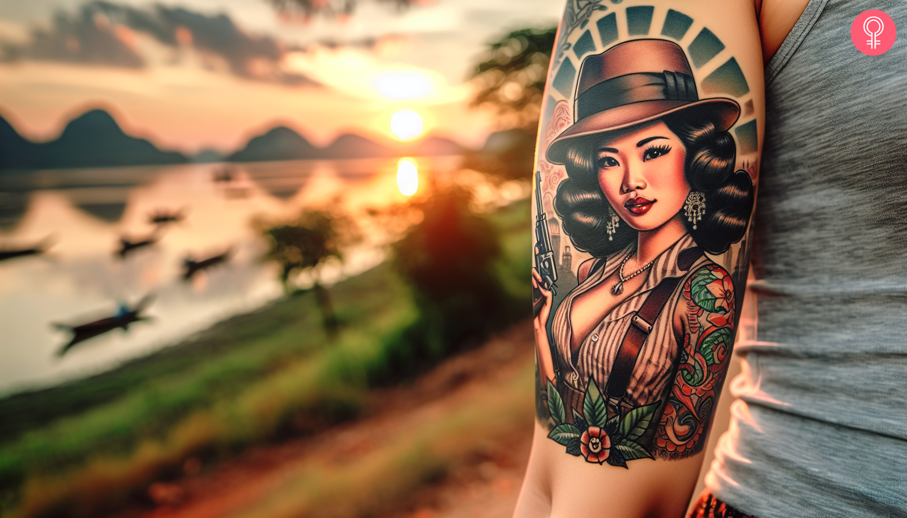 A gangster pin-up girl tattoo on a woman’s upper arm