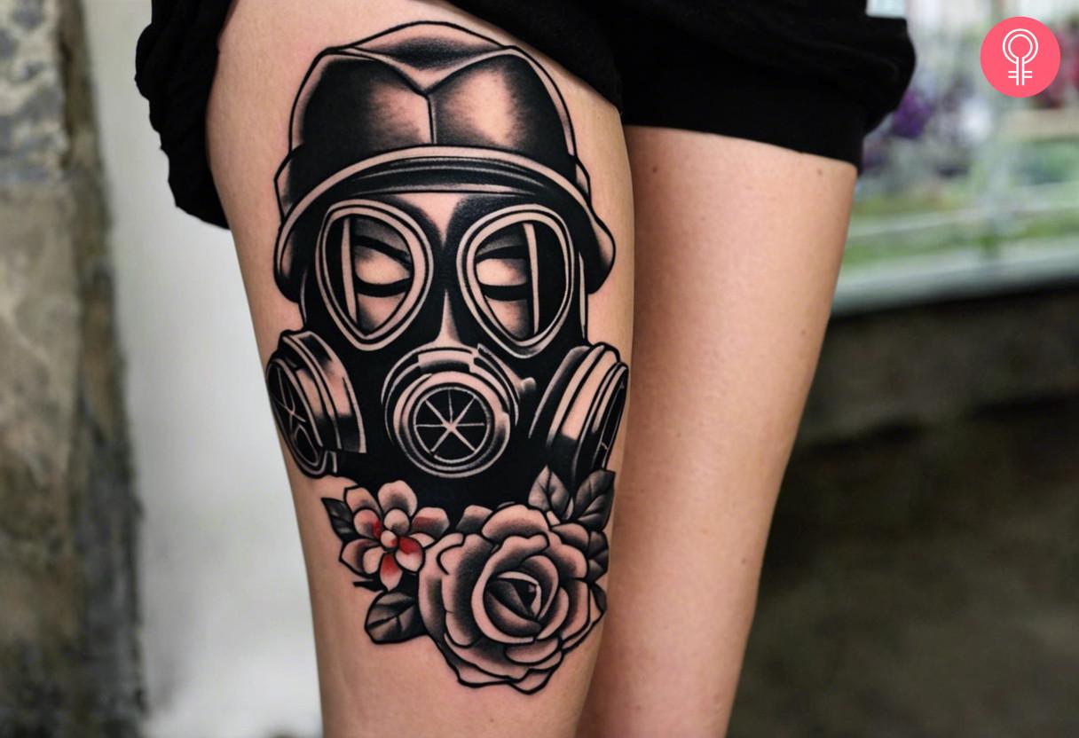 A gas mask rose tattoo on the thigh of a woman