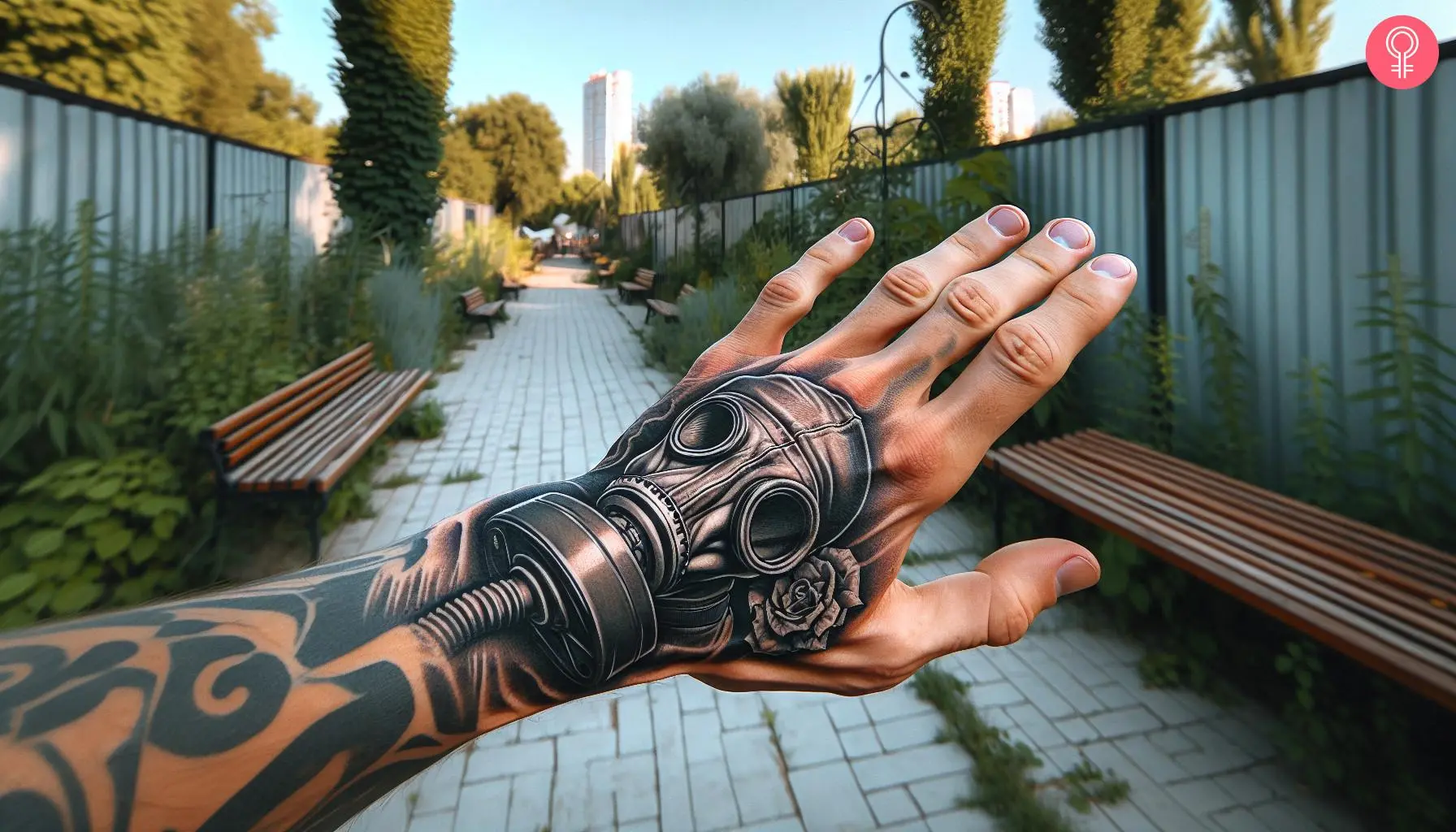 A gas mask tattoo on the hand of a man