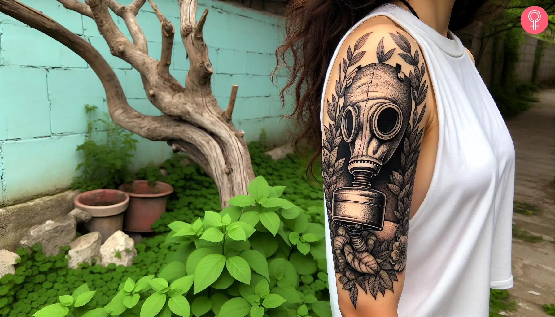 A gas mask tattoo sleeve on the arm of a woman