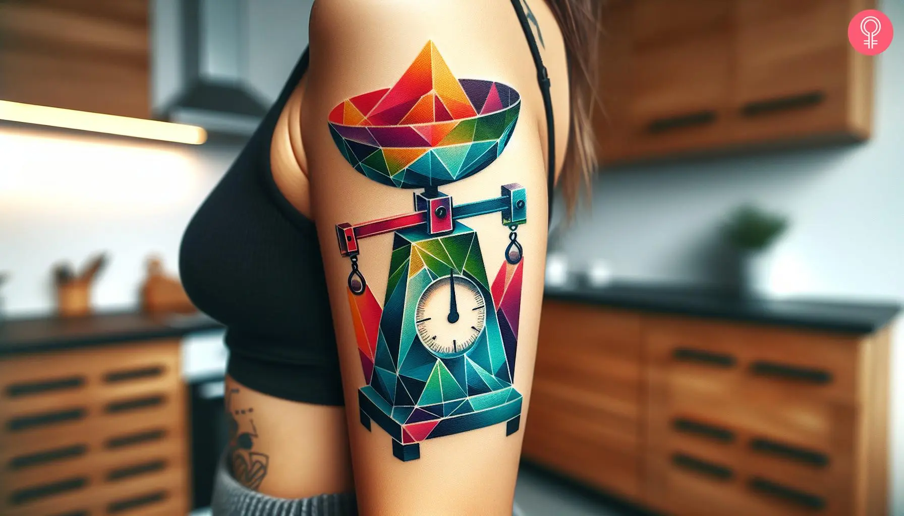 A geometric balance tattoo on the upper arm