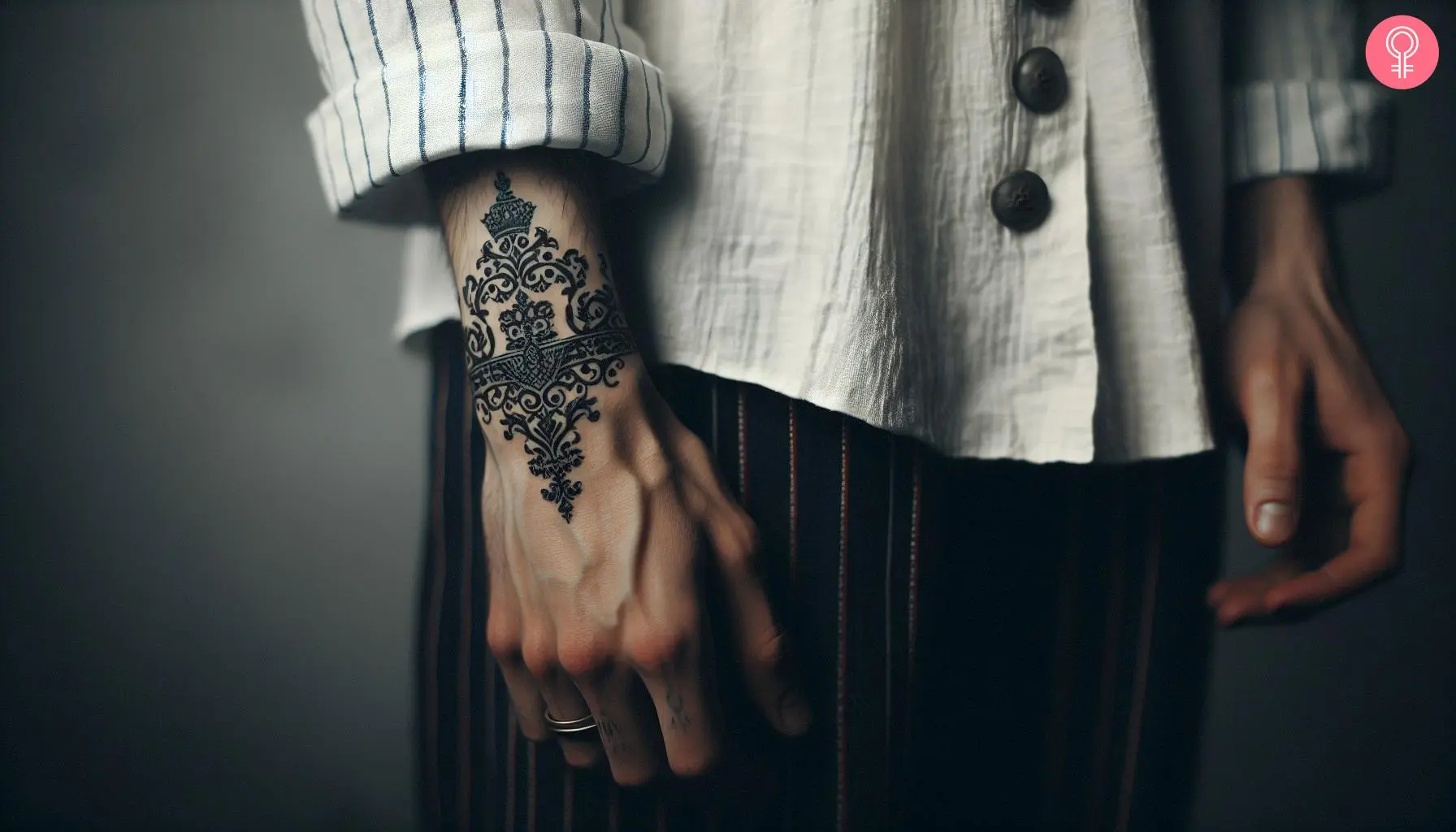 A geometric baroque tattoo on the back of the hand