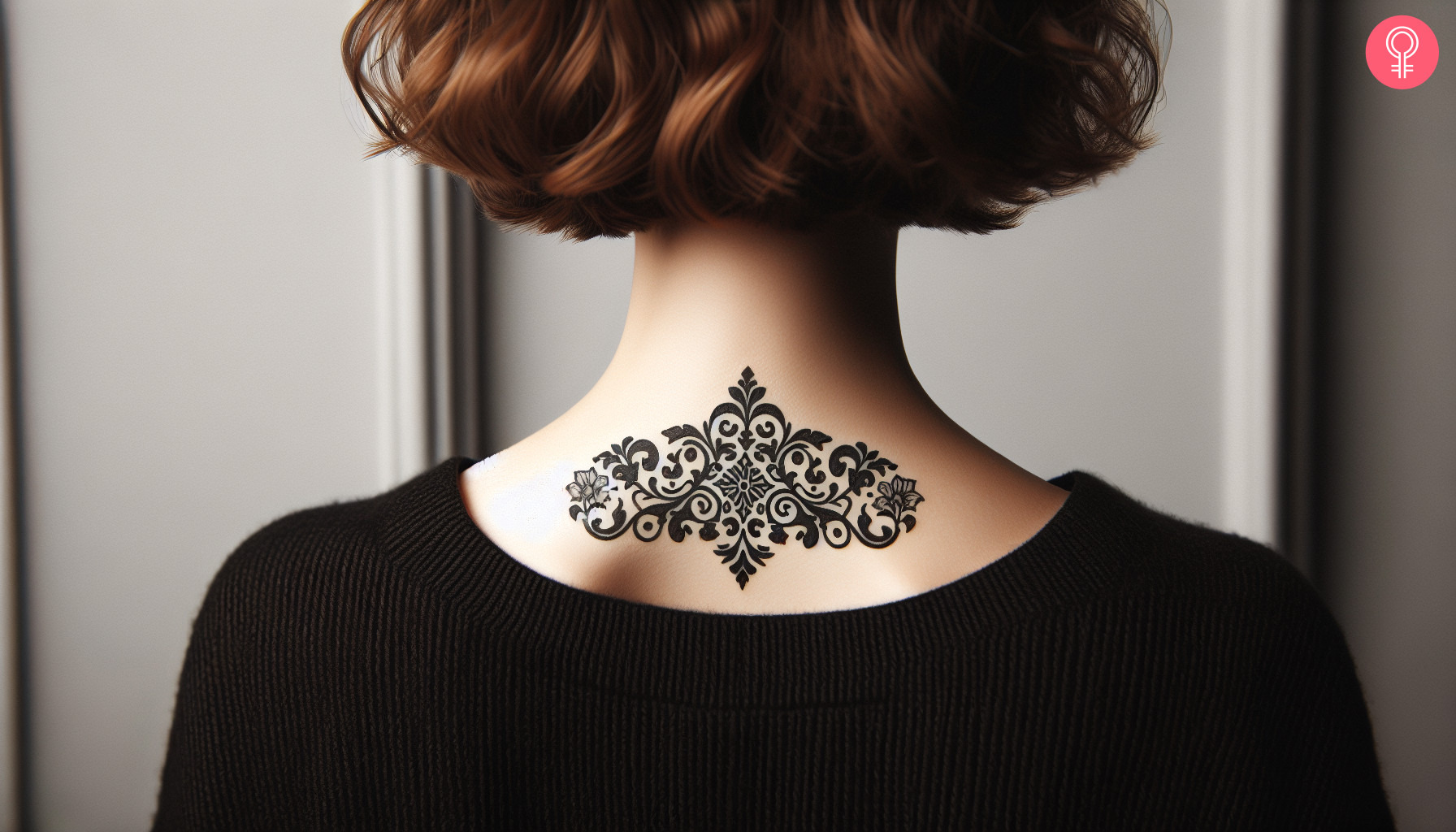 A geometric baroque tattoo on the back of the neck