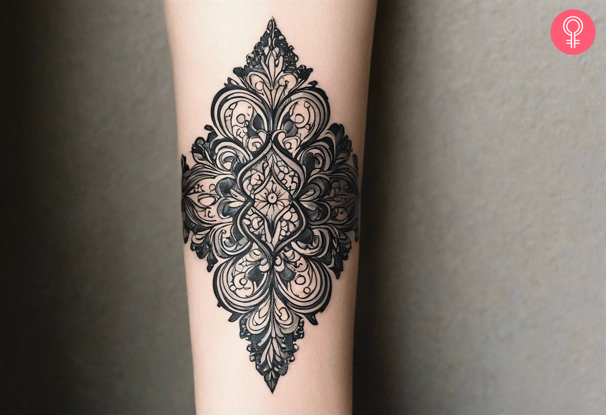 A geometric baroque tattoo on the forearm