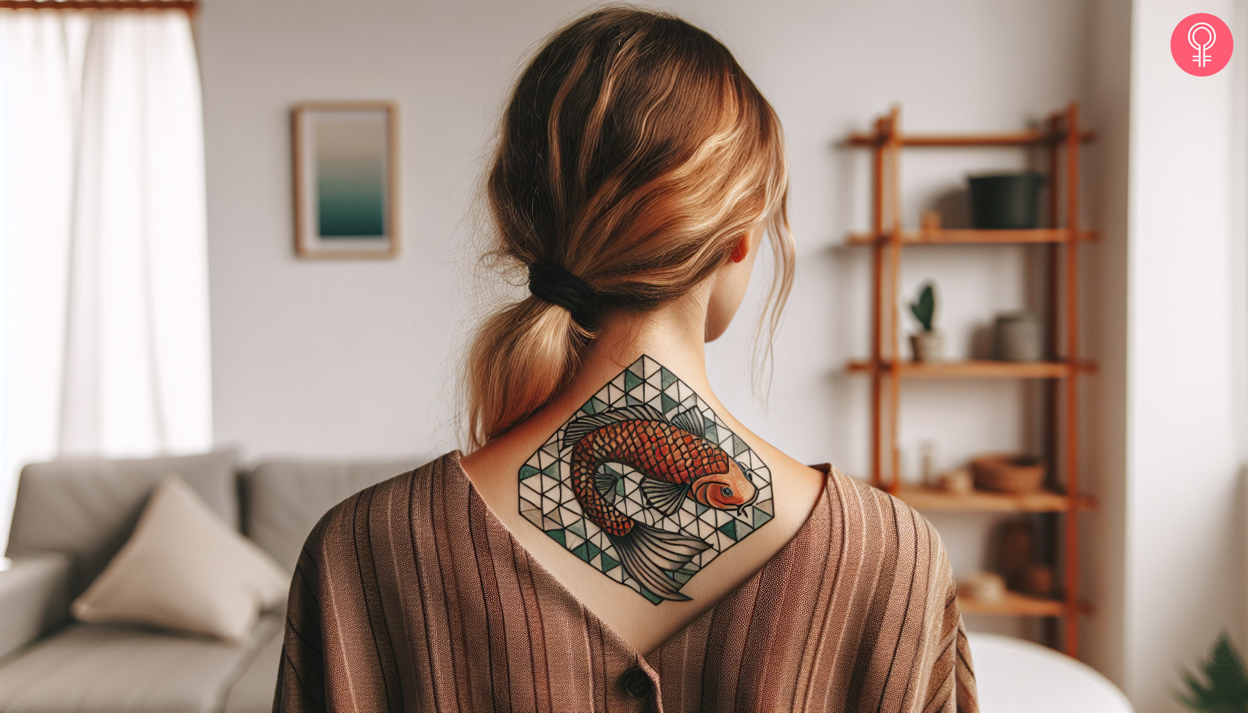 A geometric mosaic tattoo on the back of the neck