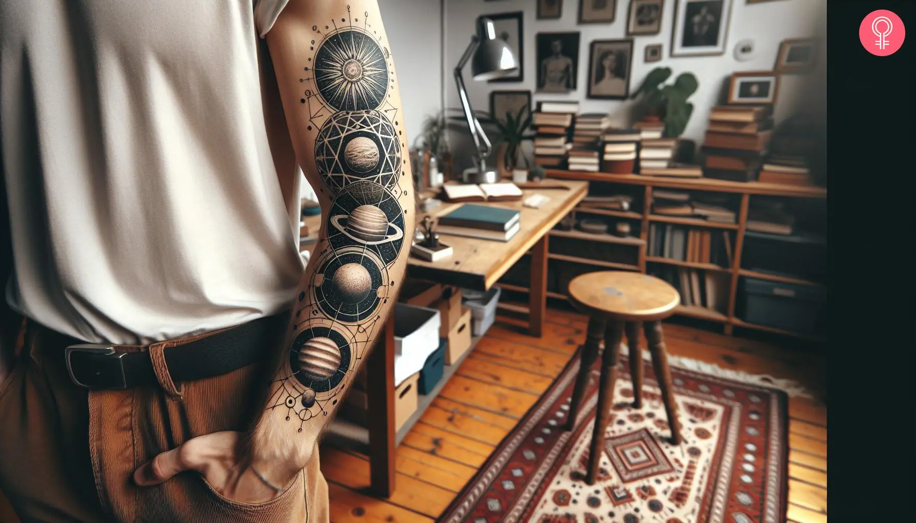 A geometric planet tattoo on a man’s arm