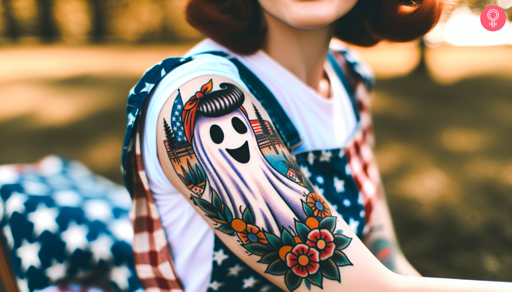 A ghost pin-up girl tattoo on a woman’s upper arm