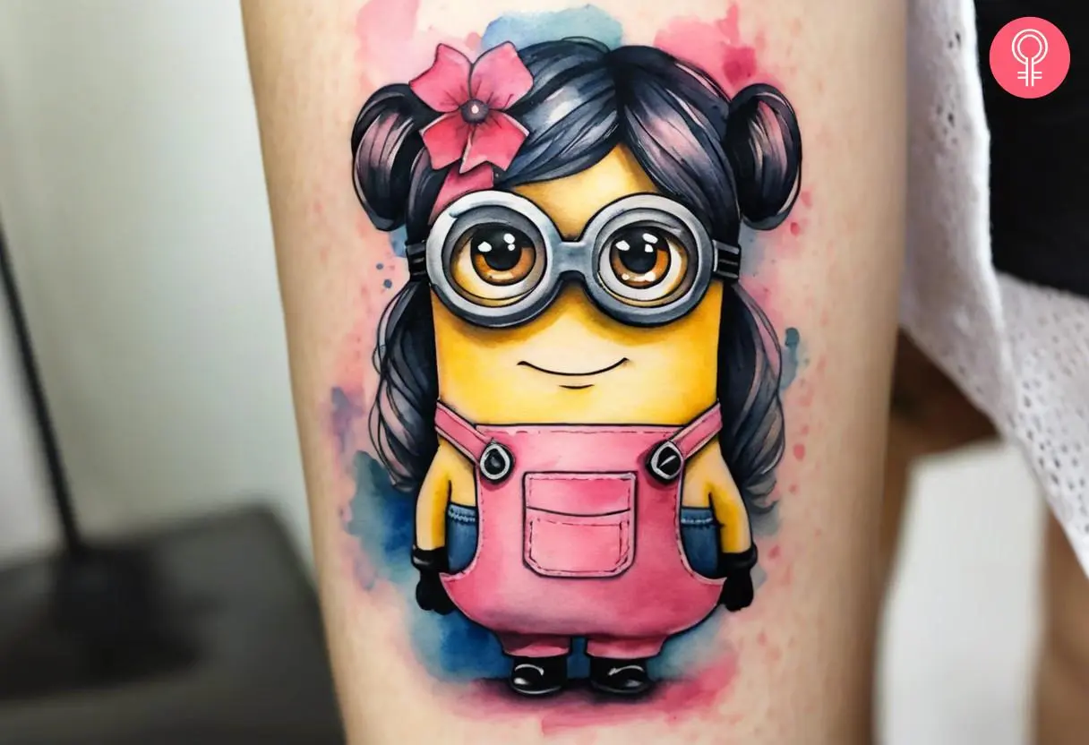 A girl minion tattoo on the forearm of a woman