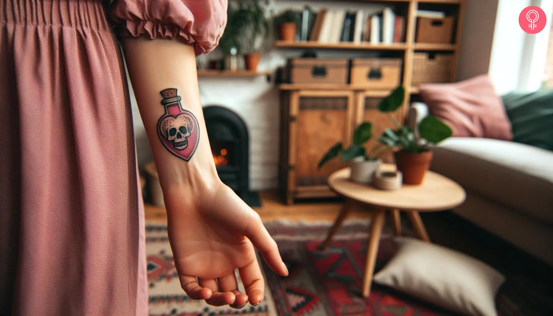 A girly poison bottle tattoo on the forearm of a woman