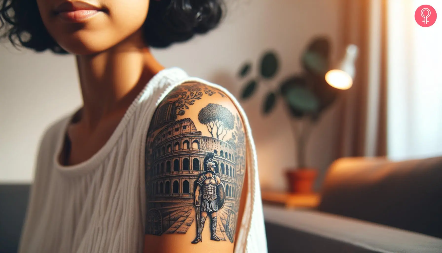 A gladiator colosseum tattoo on the upper arm of a woman