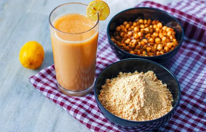 A glass of homemade low calorie sattu protein shake