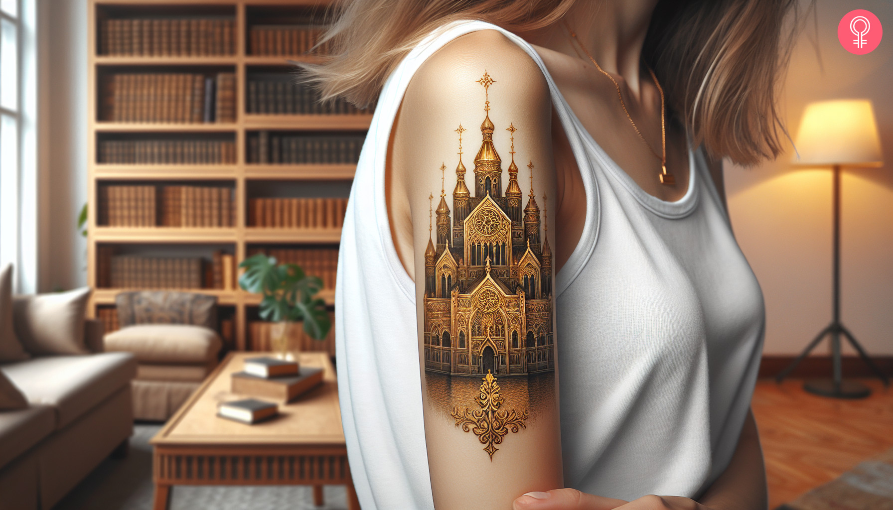 A golden cathedral tattoo on the upper arm