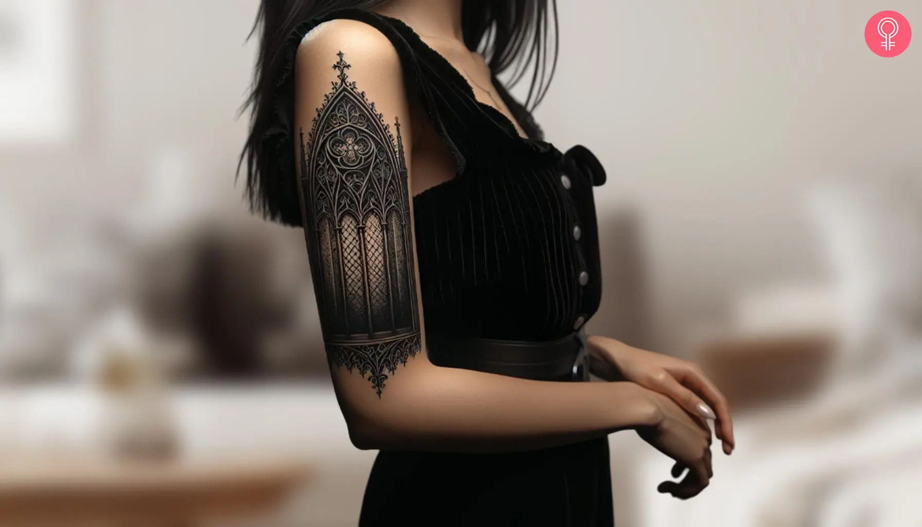 A gothic cathedral window tattoo on the upper arm