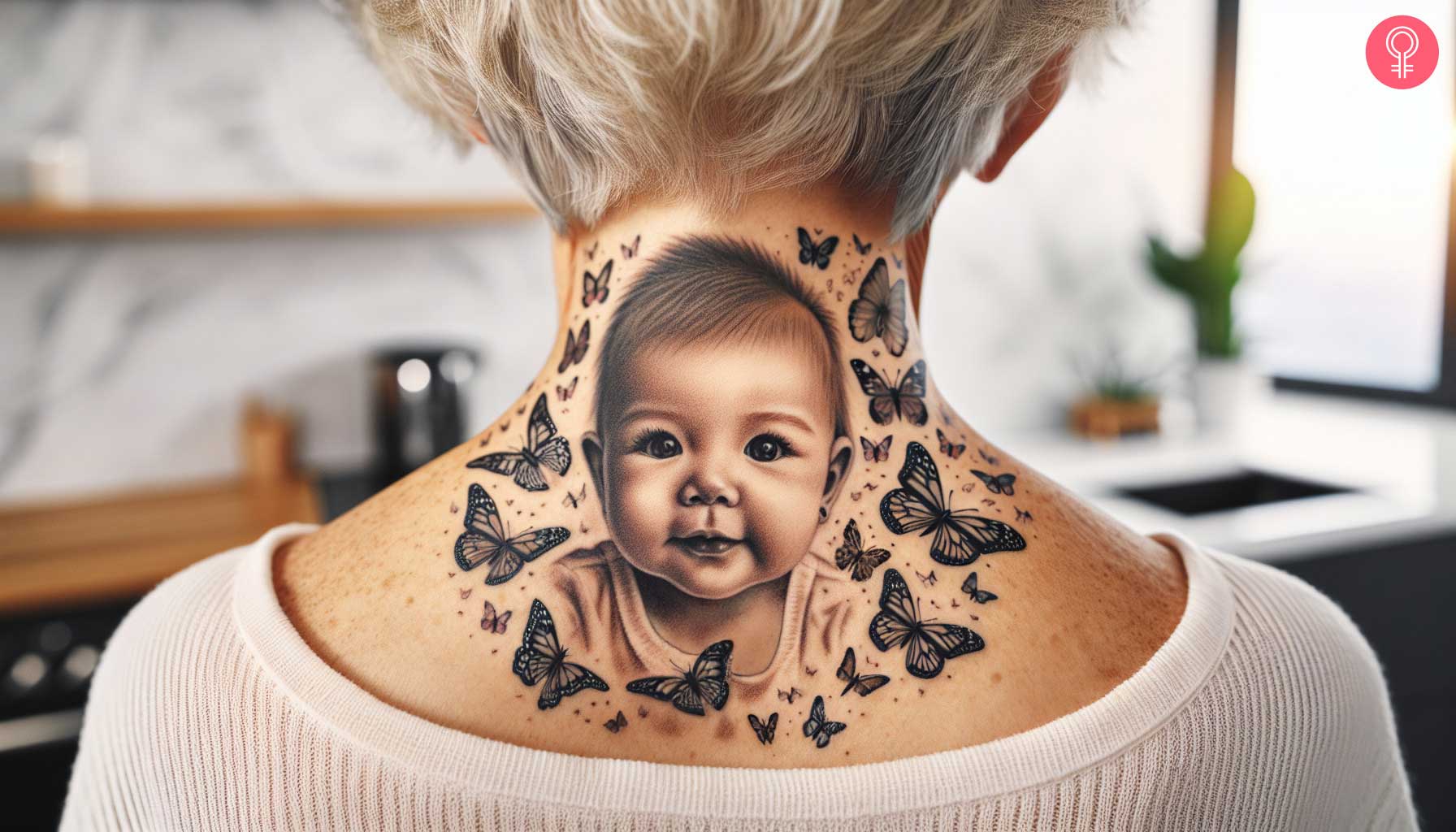 A butterfly tattoo of a grandchild on a woman's back