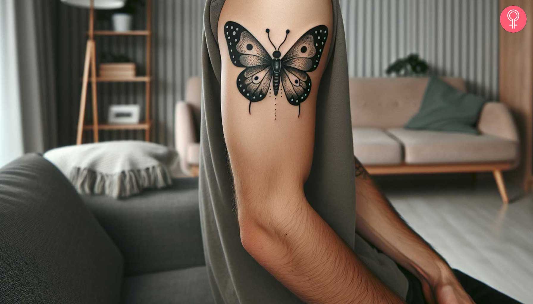 A graphic butterfly tattoo on the outer arm