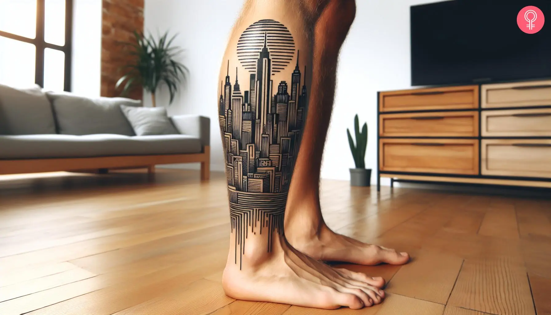 A graphic-style art tattoo on the calf