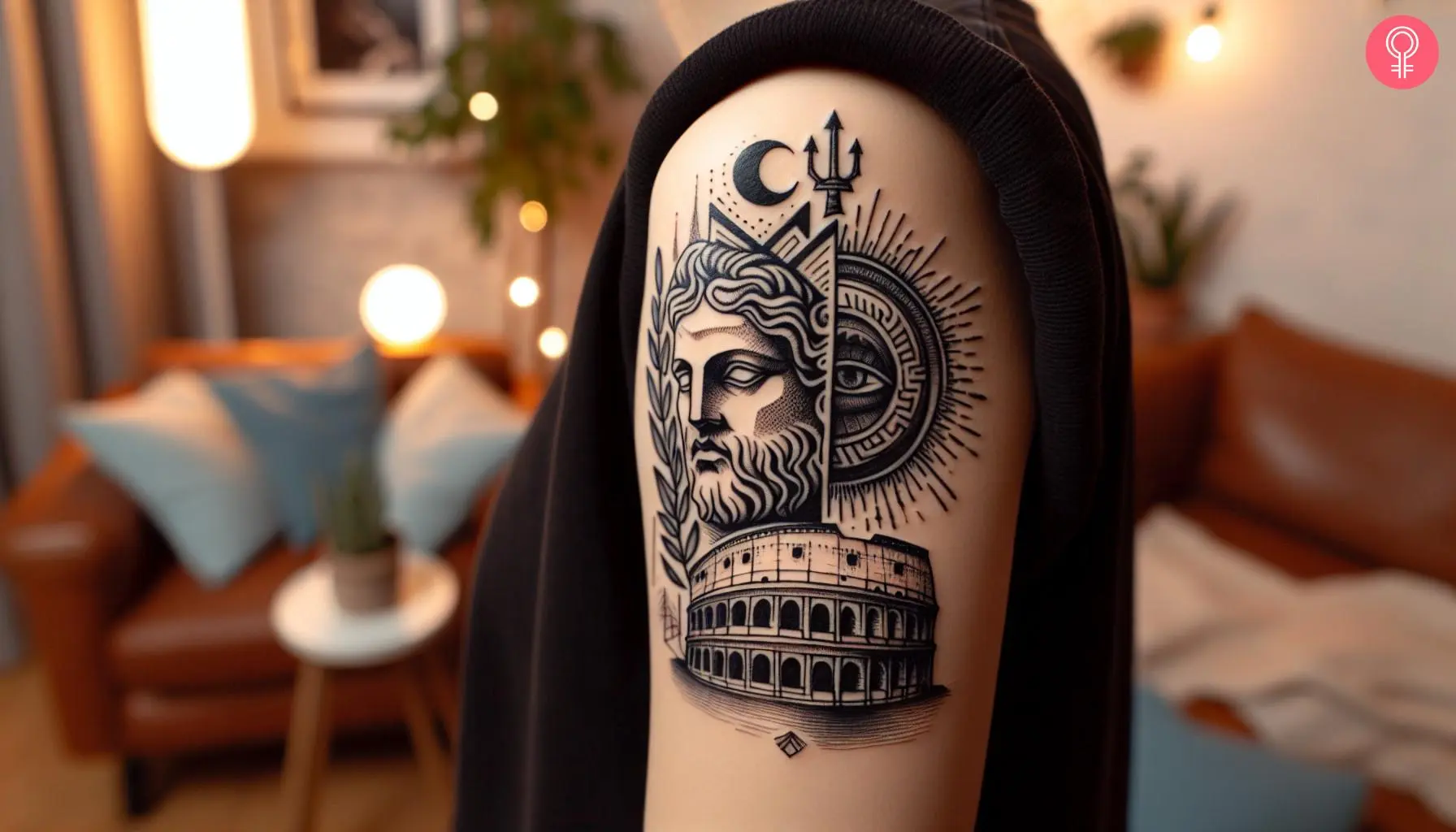 A greek colosseum tattoo on the upper arm of a man