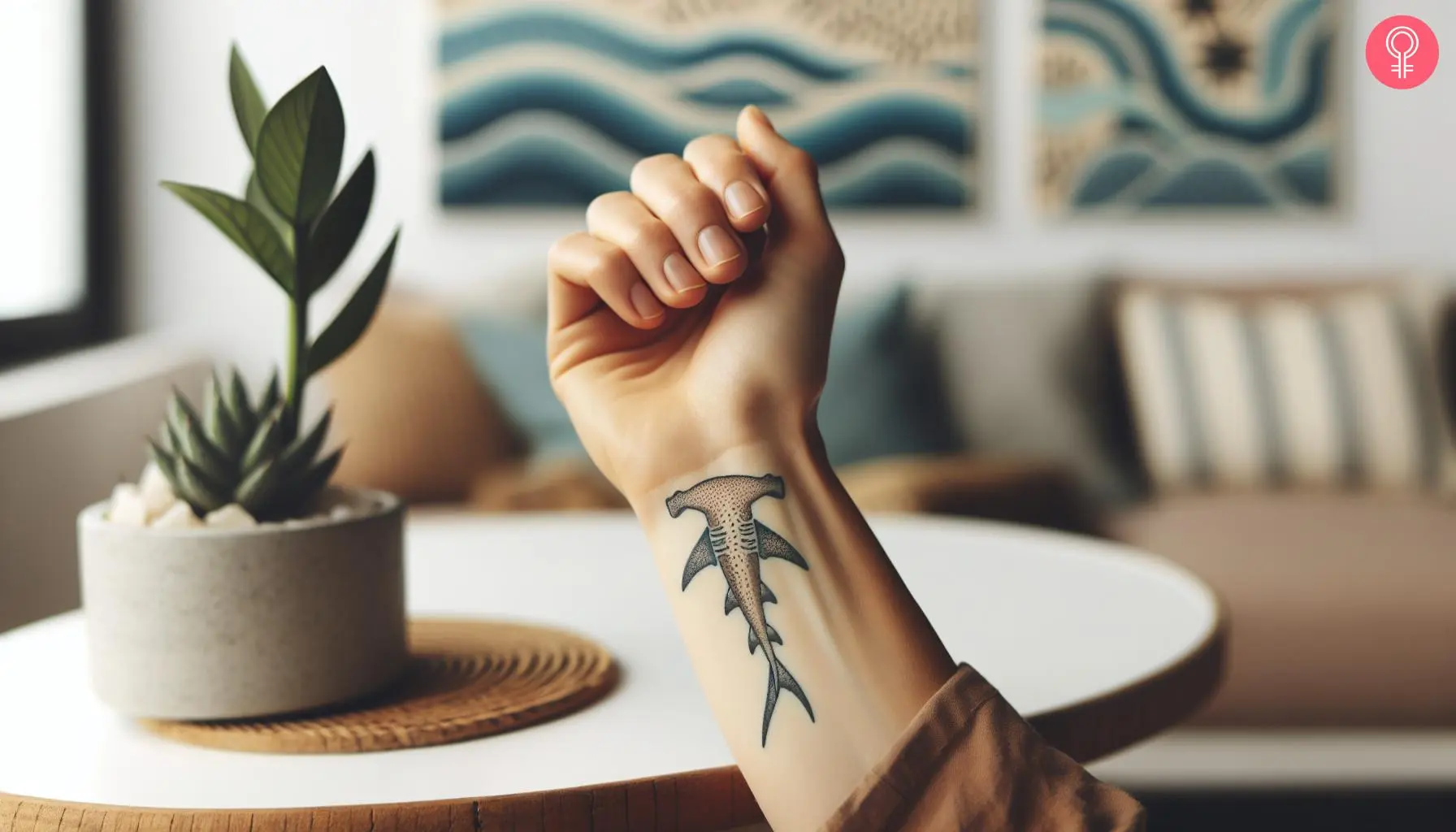 A hammerhead shark tattoo on the wrist