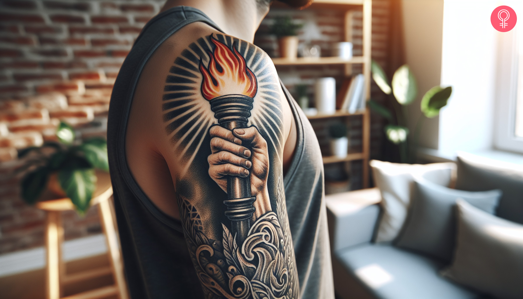 A hand holding a torch tattoo on the upper arm of a man