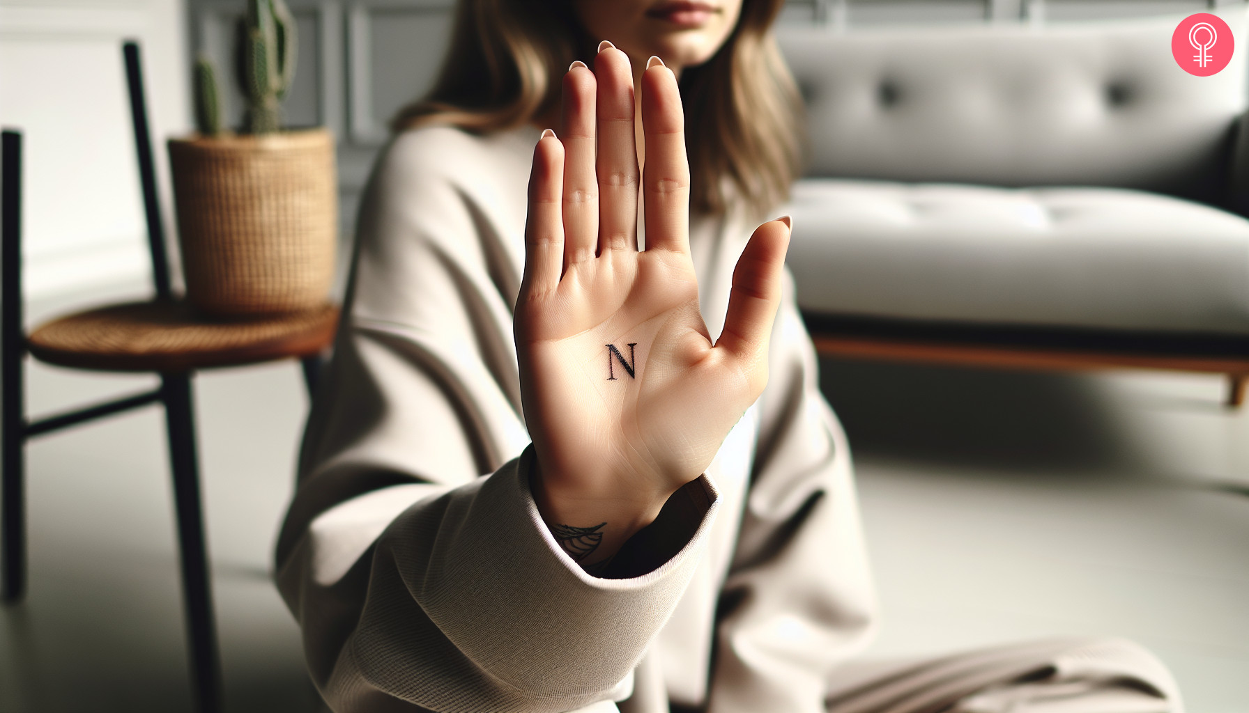 A hidden N letter tattoo on the palm of a woman