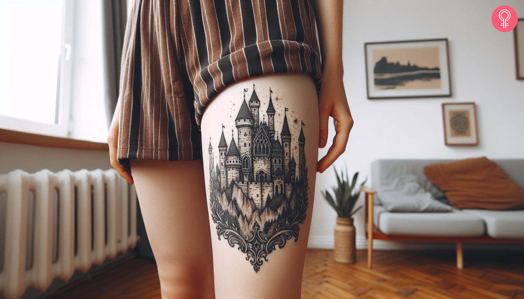 A high fantasy tattoo on the thigh
