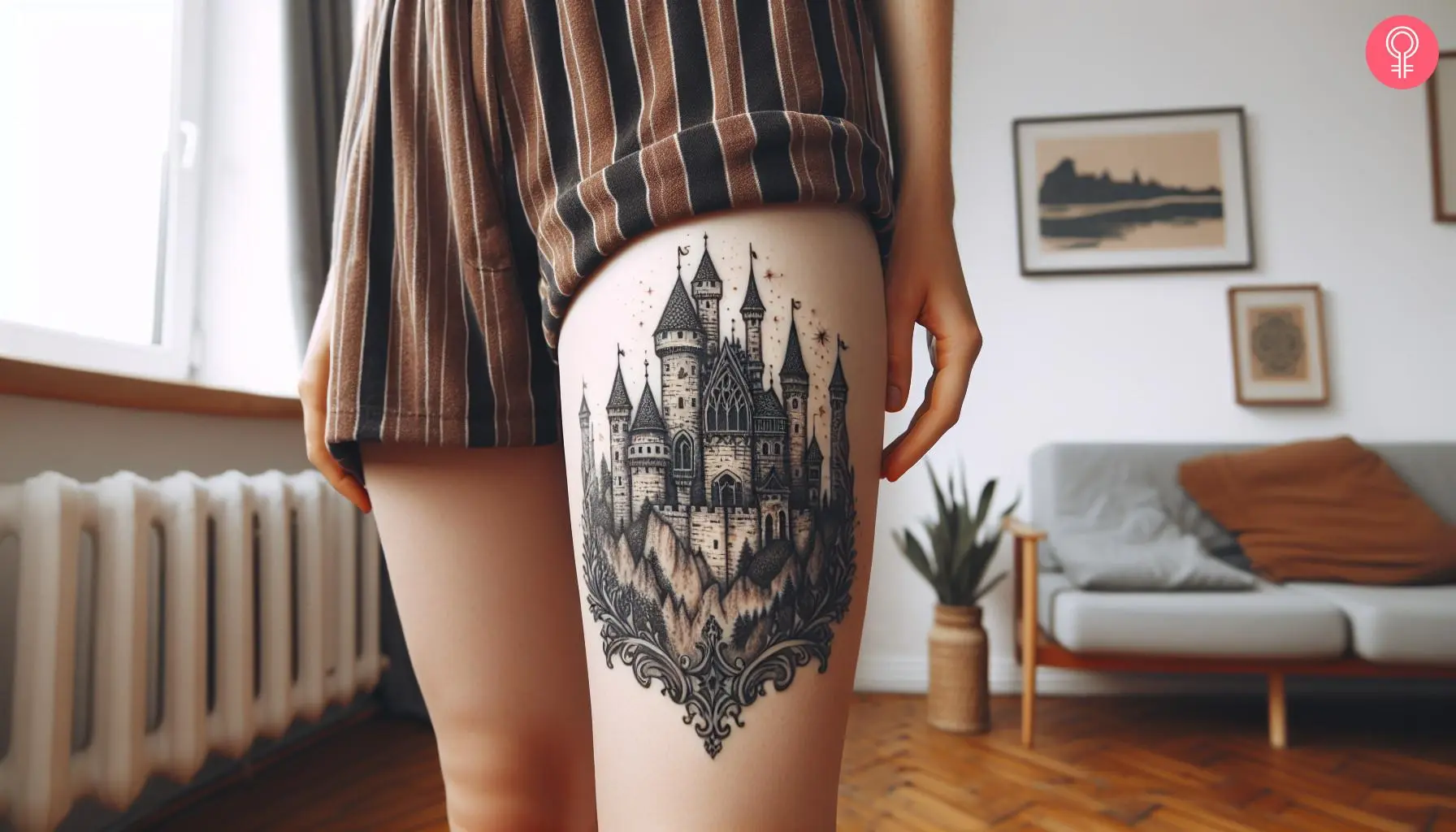 A high fantasy tattoo on the thigh