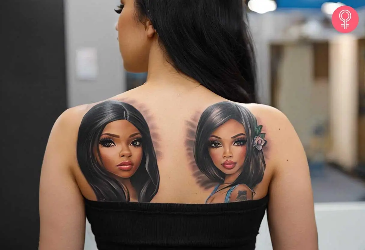 A hyper-realistic bratz tattoo with two dolls on the upper back