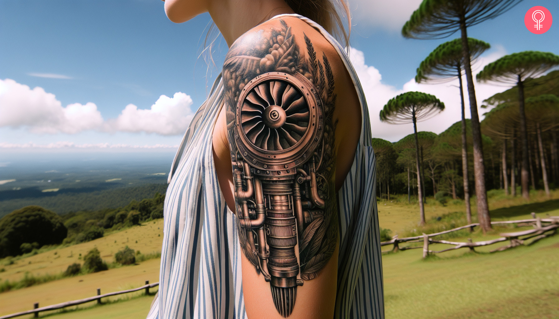 A jet engine tattoo on a woman’s upper arm