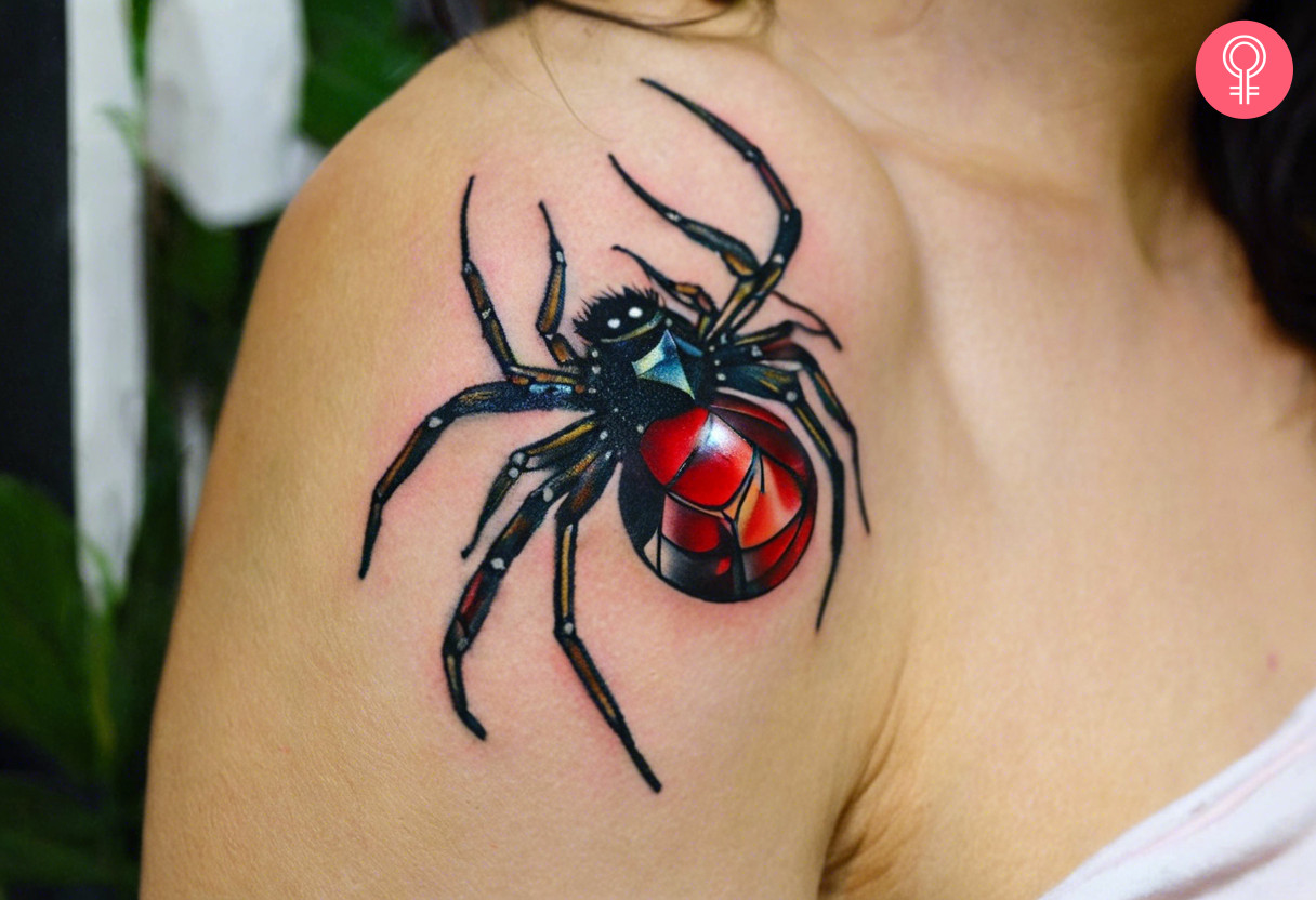 A jewel spider tattoo on the woman’s shoulder