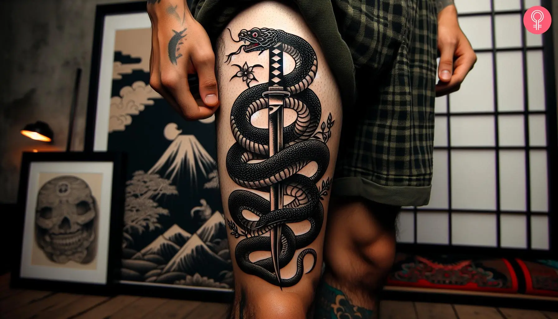 A katana snake tattoo on the thigh of a man