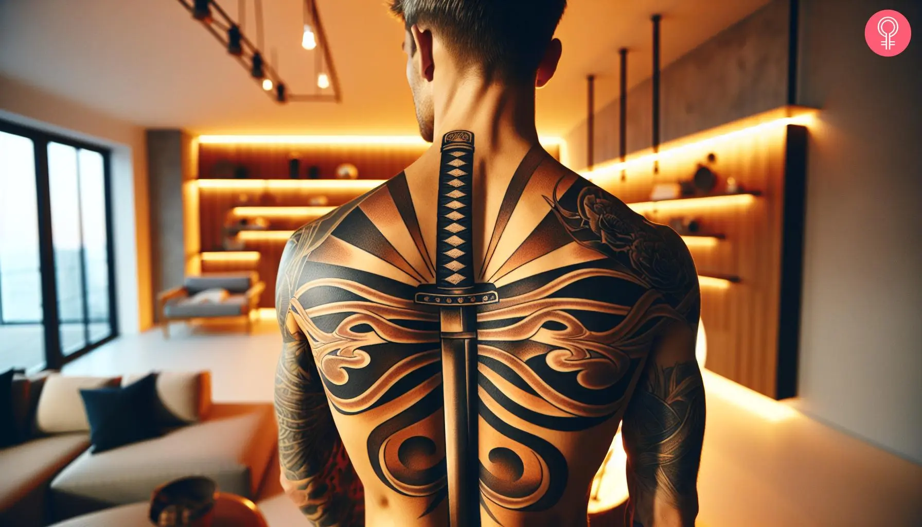 A katana tattoo on the back of a man