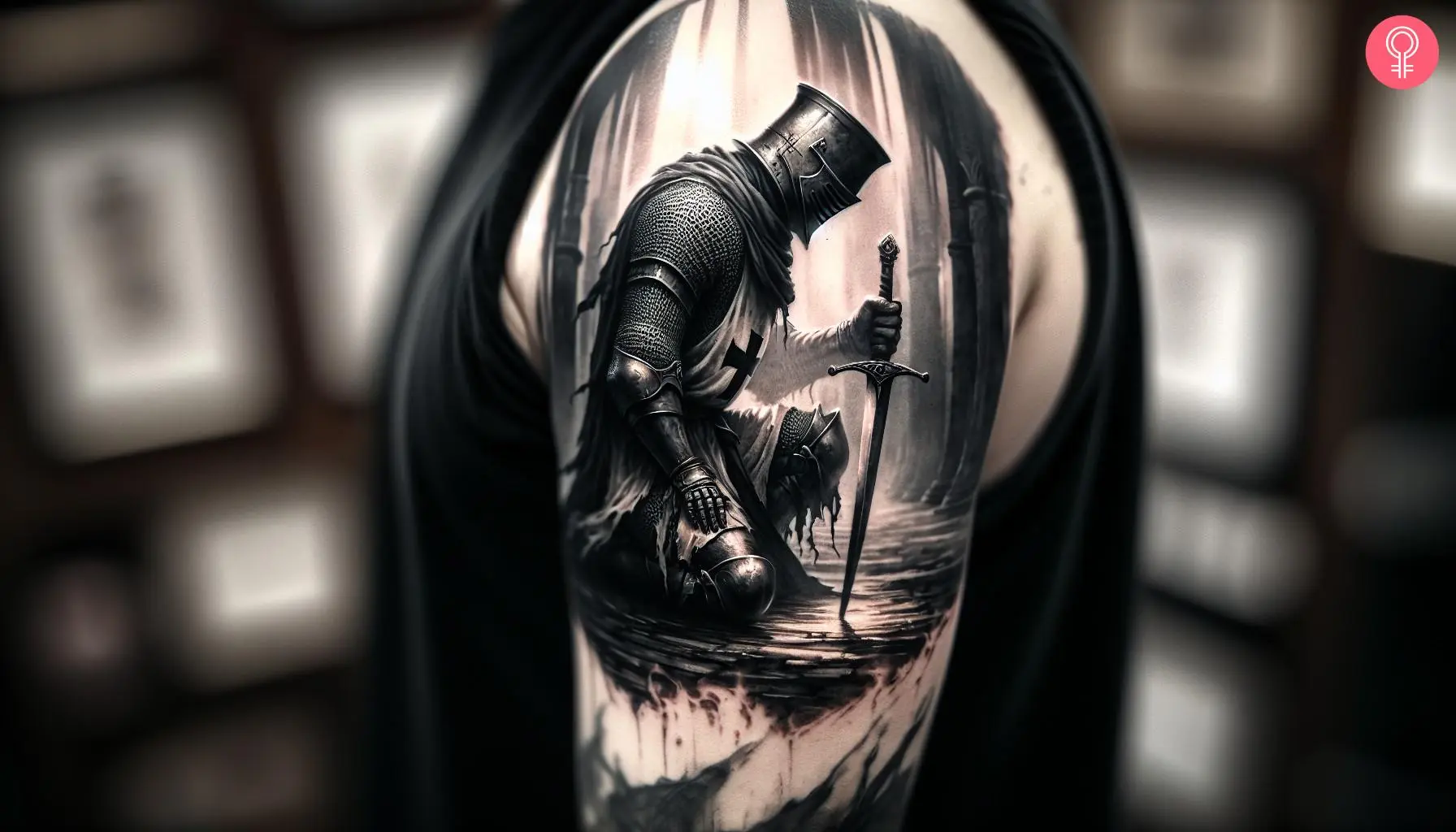 A kneeling Knight tattoo on the upper arm