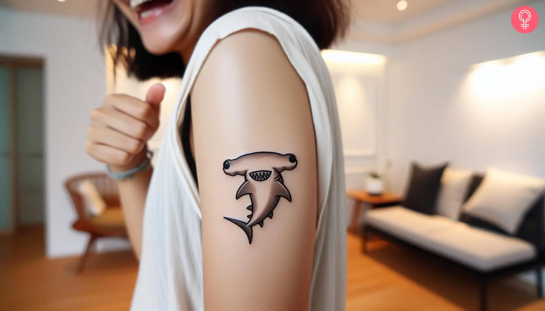 A laughing hammerhead shark tattoo on the arm