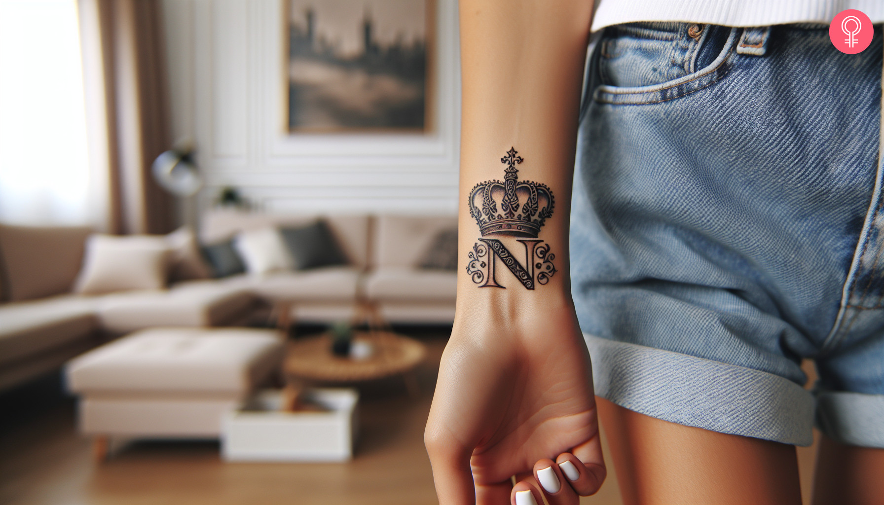 A letter N tattoo with a crown on the wrist of a woman