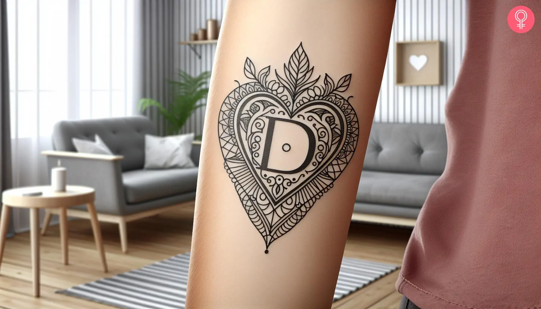 A letter d with heart tattoo on the lower arm