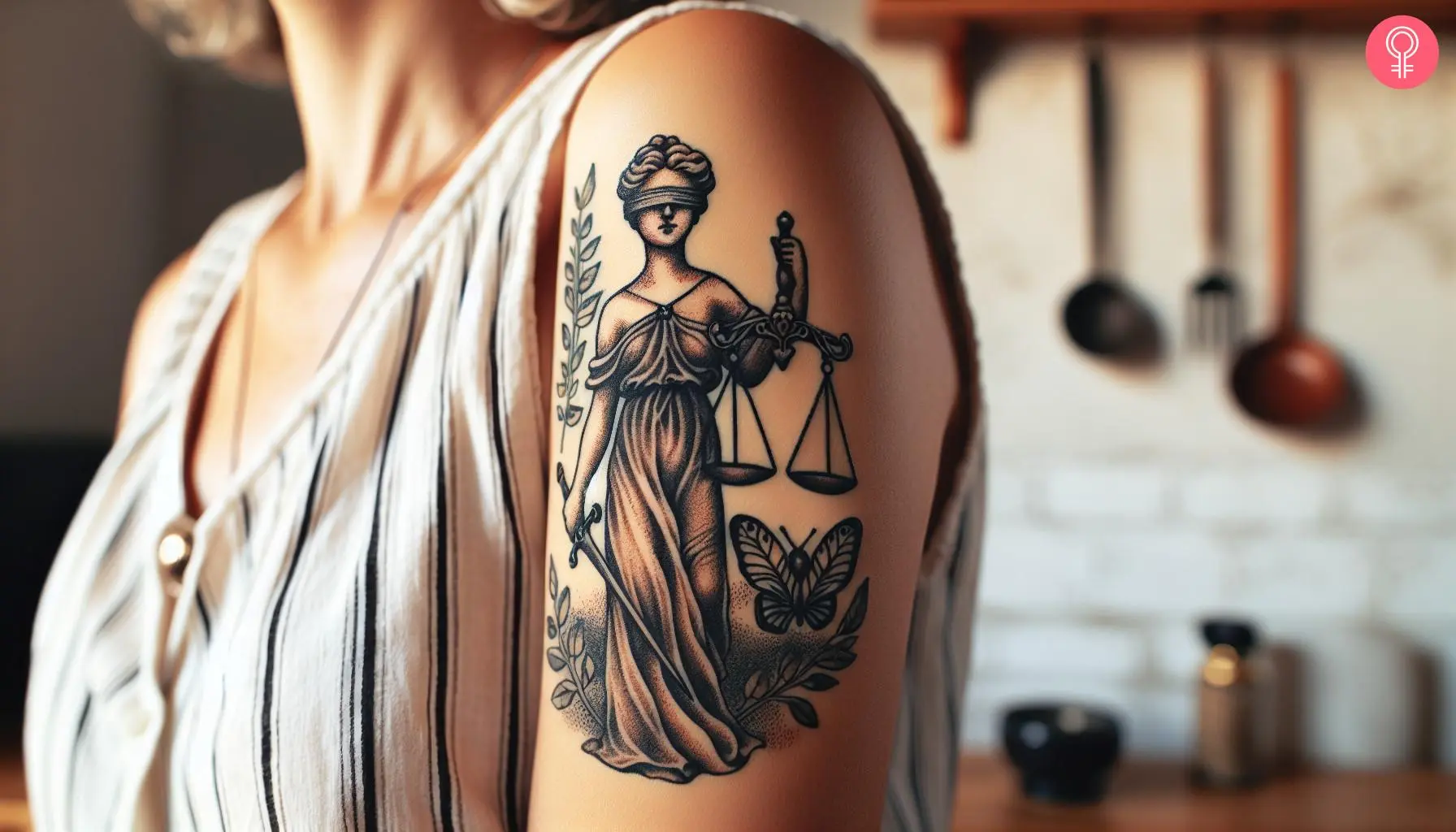 A libra scales of justice tattoo on the upper arm of a woman