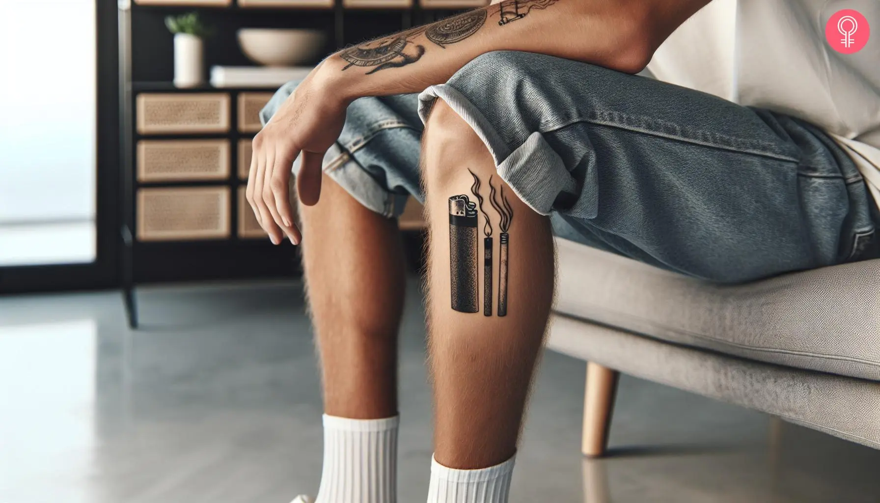 A lighter and cigarette tattoo on the shin